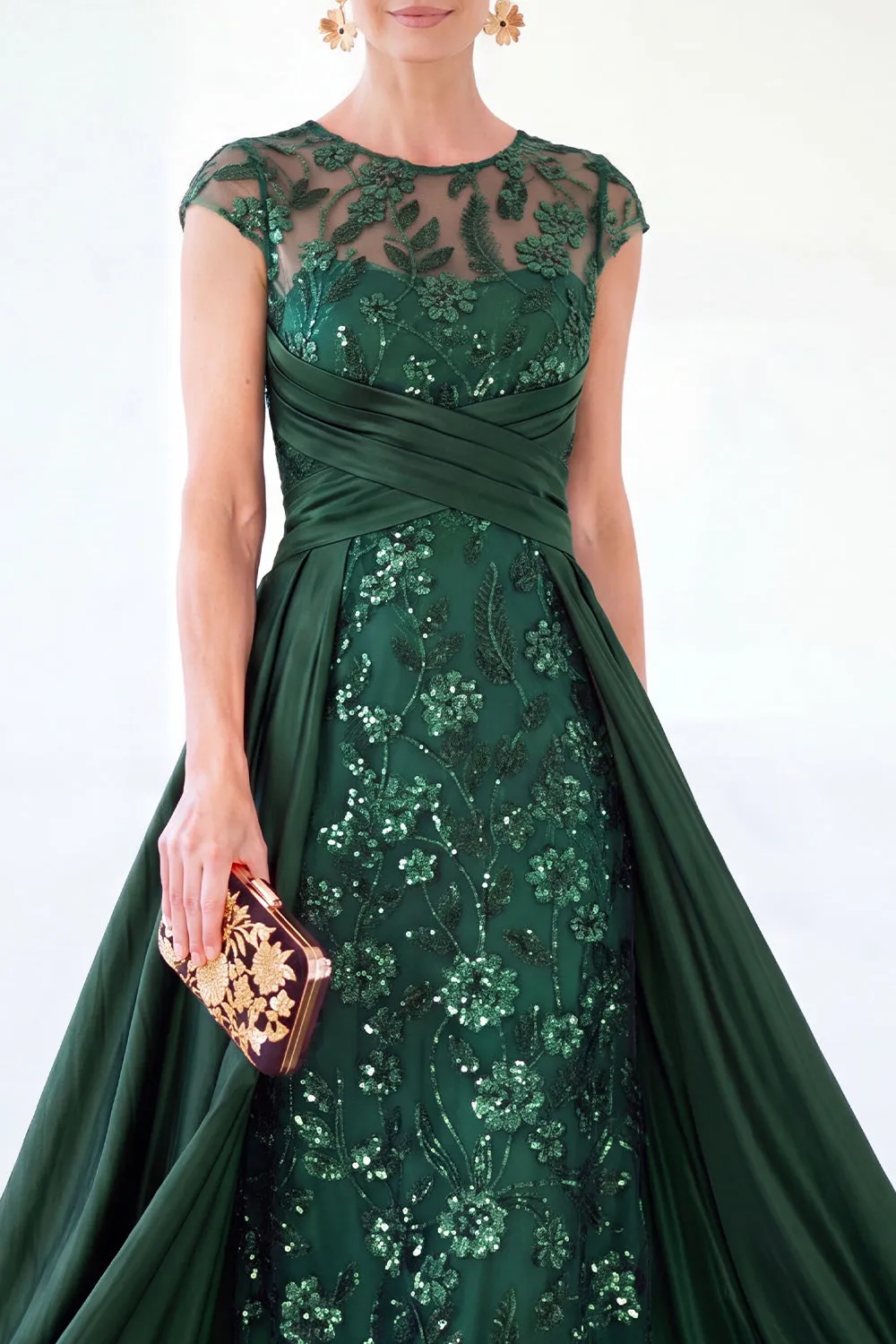 Dark Green A-Line Round Neck Sequins Long Mother Of the Bride Dress with Cap Sleeves sold by Zapaka product image thumbnail 3