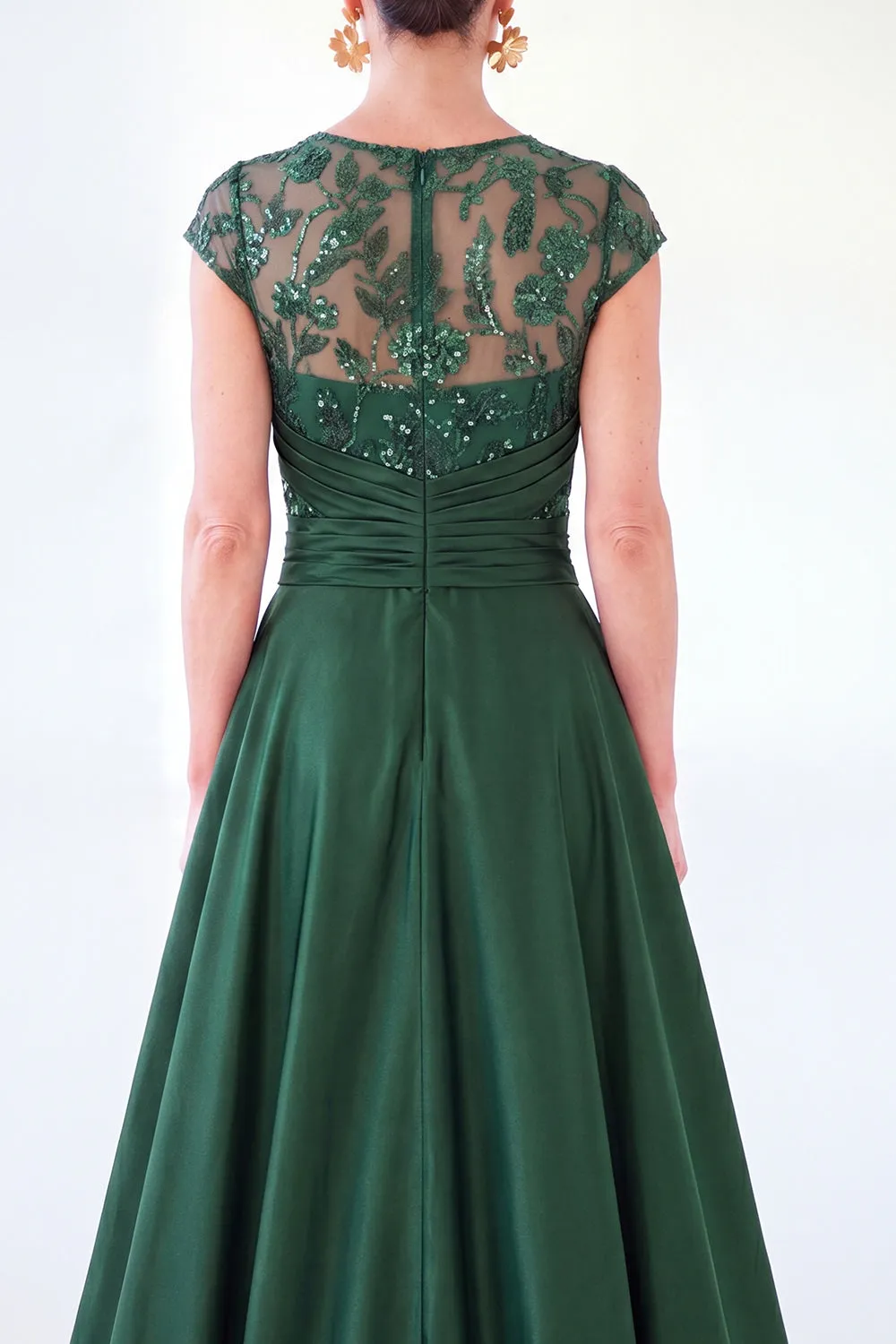 Dark Green A-Line Round Neck Sequins Long Mother Of the Bride Dress with Cap Sleeves sold by Zapaka product image thumbnail 4
