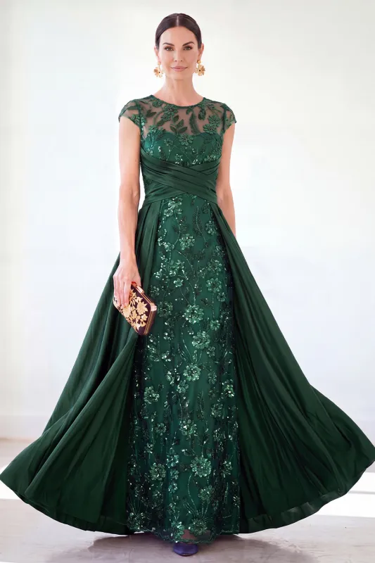 Dark Green A-Line Round Neck Sequins Long Mother Of the Bride Dress with Cap Sleeves made by Zapaka