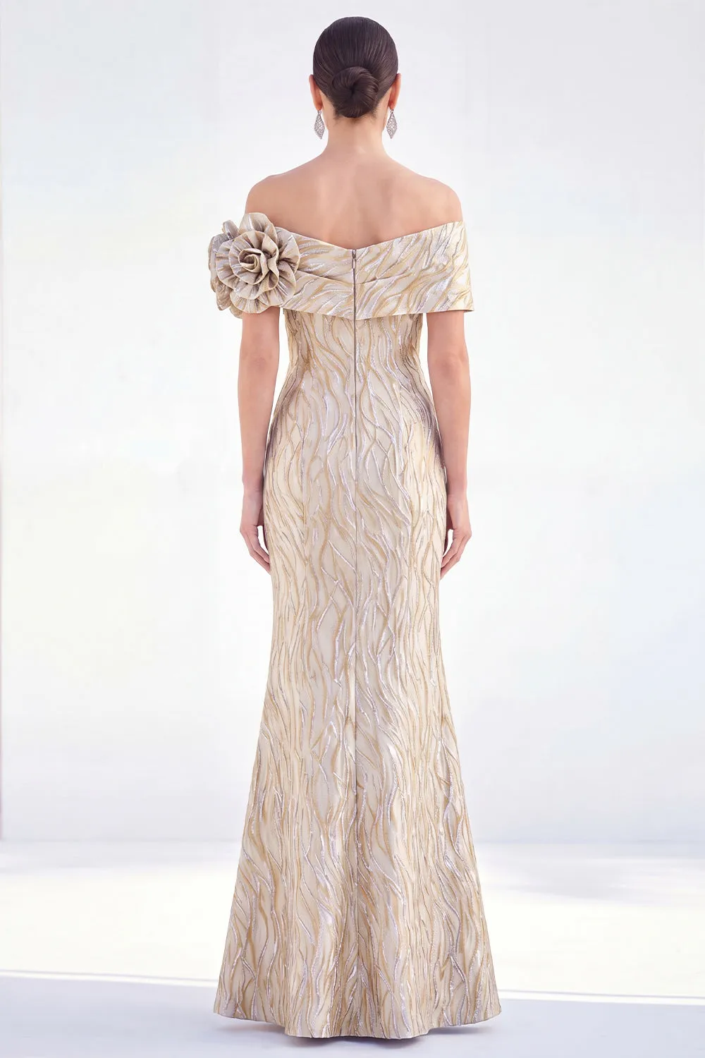 Off the Shoulder Mermaid Golden Ruched Long Mother Of the Bride Dress with 3D Flowers sold by Zapaka product image thumbnail 2