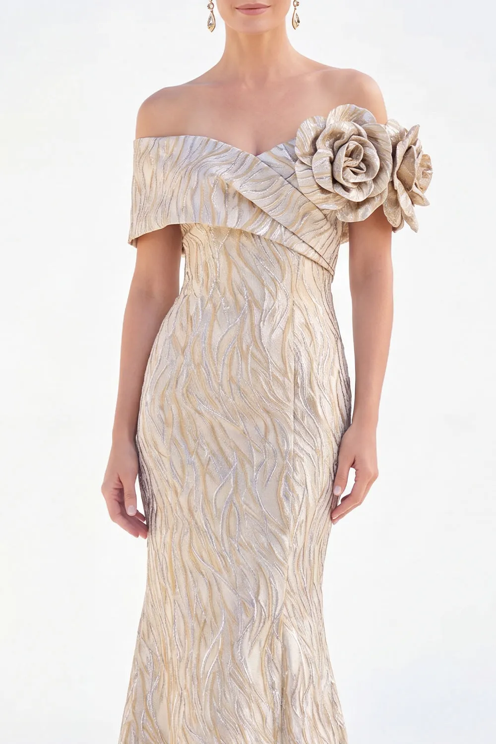 Off the Shoulder Mermaid Golden Ruched Long Mother Of the Bride Dress with 3D Flowers sold by Zapaka product image thumbnail 3