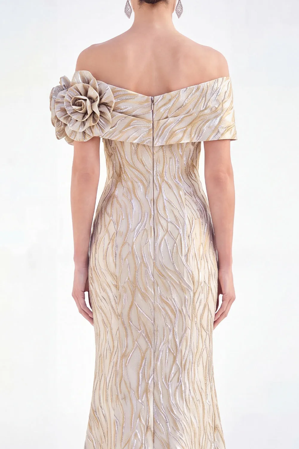 Off the Shoulder Mermaid Golden Ruched Long Mother Of the Bride Dress with 3D Flowers sold by Zapaka product image thumbnail 4