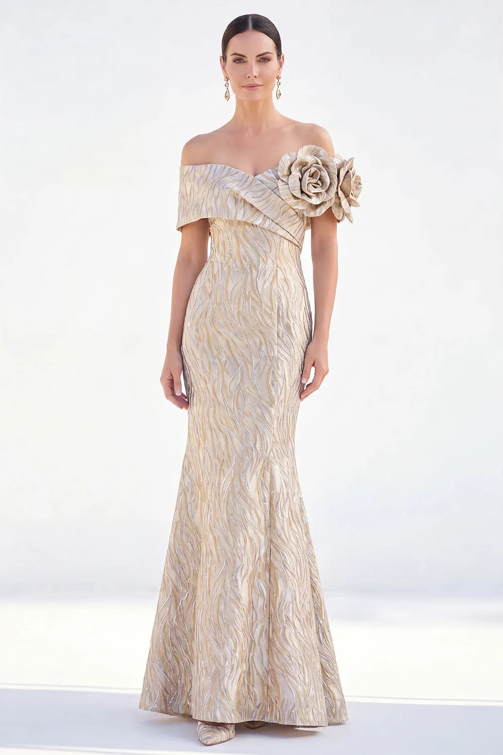 Off the Shoulder Mermaid Golden Ruched Long Mother Of the Bride Dress with 3D Flowers sold by Zapaka
