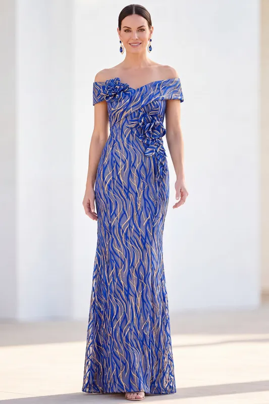 Mermaid Royal Blue Off the Shoulder Long Mother Of the Bride Dress with 3D Flowers made by Zapaka