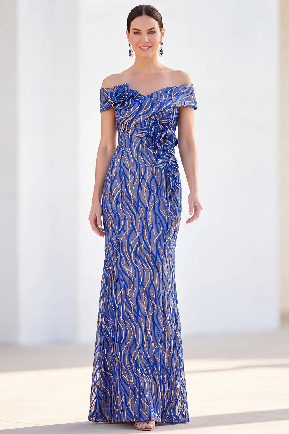 Mermaid Royal Blue Off the Shoulder Long Mother Of the Bride Dress with 3D Flowers sold by Zapaka