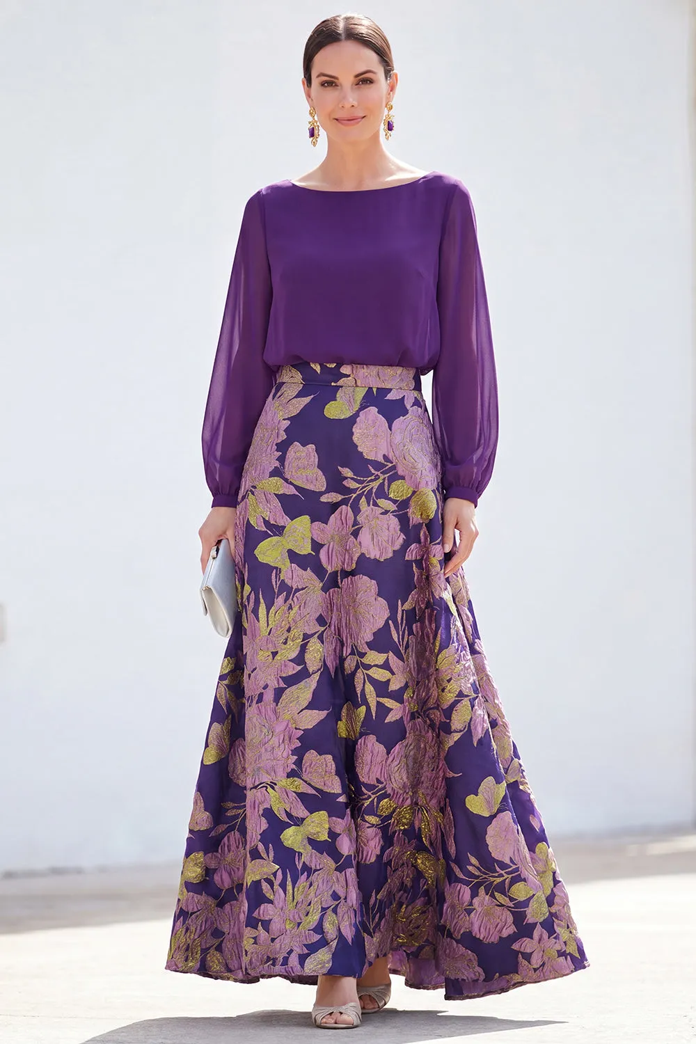 Green A-Line Bateau Neck 2 Piece Jacquard Floral Long Mother Of the Bride Dress sold by Zapaka product image thumbnail 5