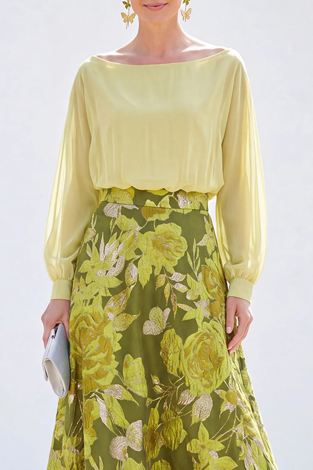Green A-Line Bateau Neck 2 Piece Jacquard Floral Long Mother Of the Bride Dress sold by Zapaka product image thumbnail 3