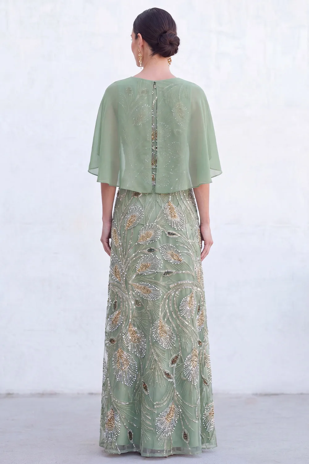 Green A-Line Beaded Round Neck Long Mother Of the Bride Dress with Cape sold by Zapaka product image thumbnail 2
