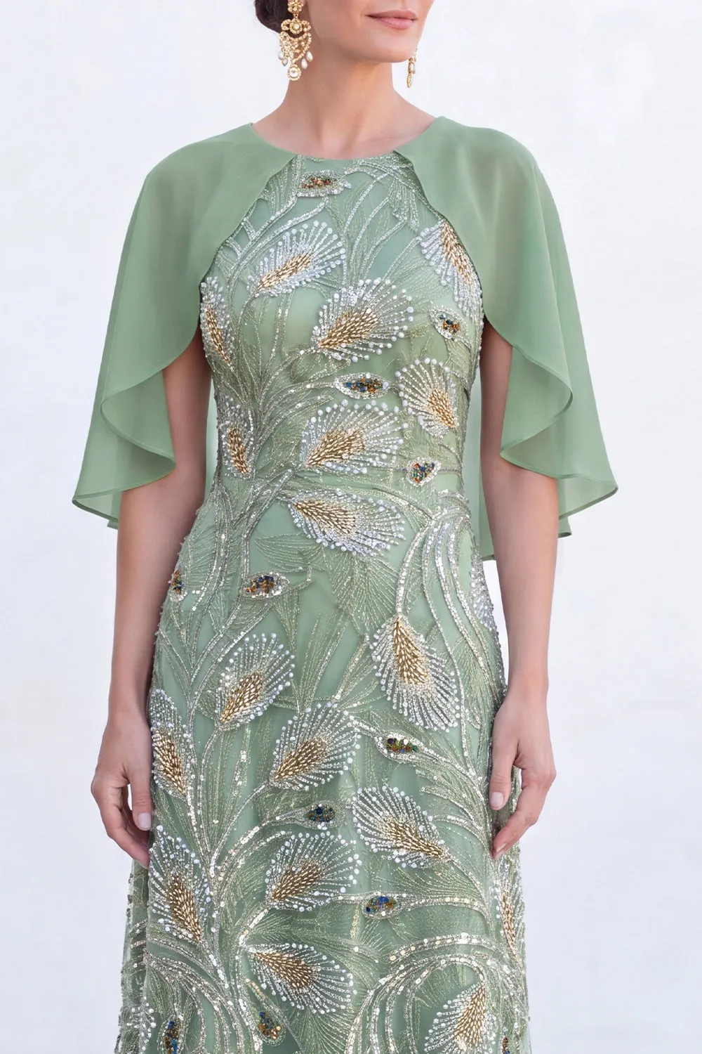 Green A-Line Beaded Round Neck Long Mother Of the Bride Dress with Cape sold by Zapaka product image thumbnail 3