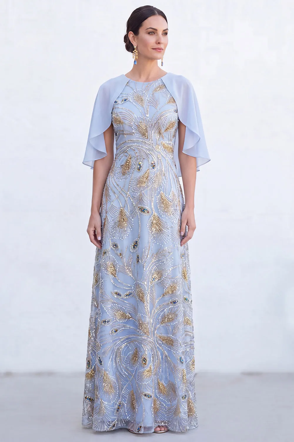 Green A-Line Beaded Round Neck Long Mother Of the Bride Dress with Cape sold by Zapaka product image thumbnail 5