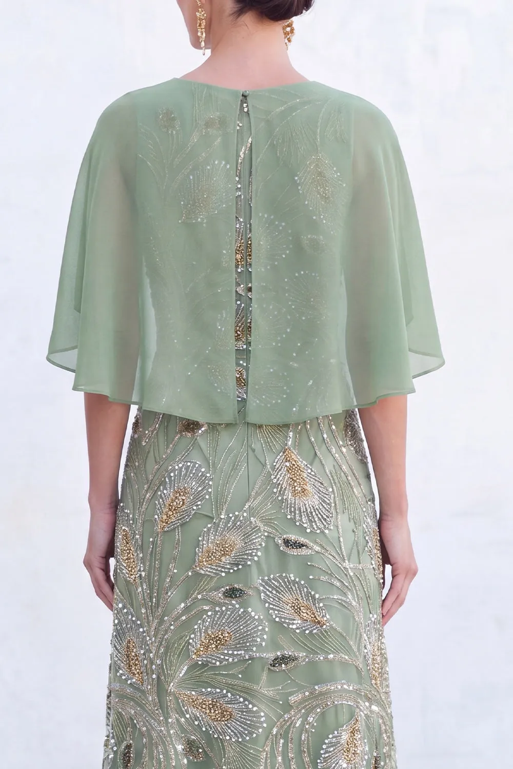 Green A-Line Beaded Round Neck Long Mother Of the Bride Dress with Cape sold by Zapaka product image thumbnail 4