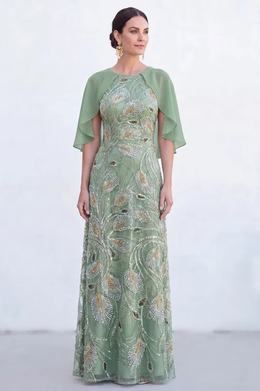 Green A-Line Beaded Round Neck Long Mother Of the Bride Dress with Cape made by Zapaka
