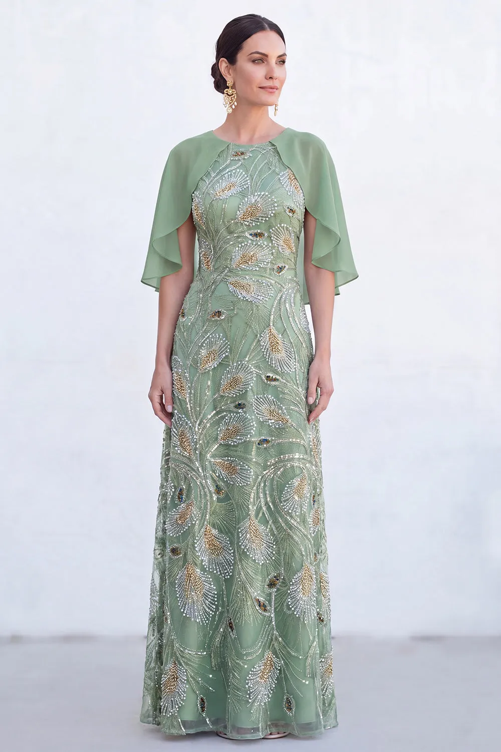 Green A-Line Beaded Round Neck Long Mother Of the Bride Dress with Cape sold by Zapaka