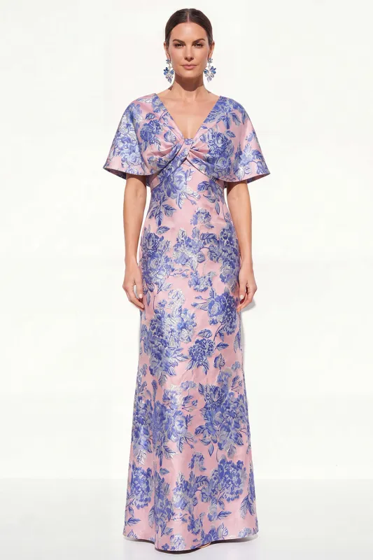 Pink Blue Mermaid V-Neck Jacquard Floral Long Mother Of the Bride Dress made by Zapaka