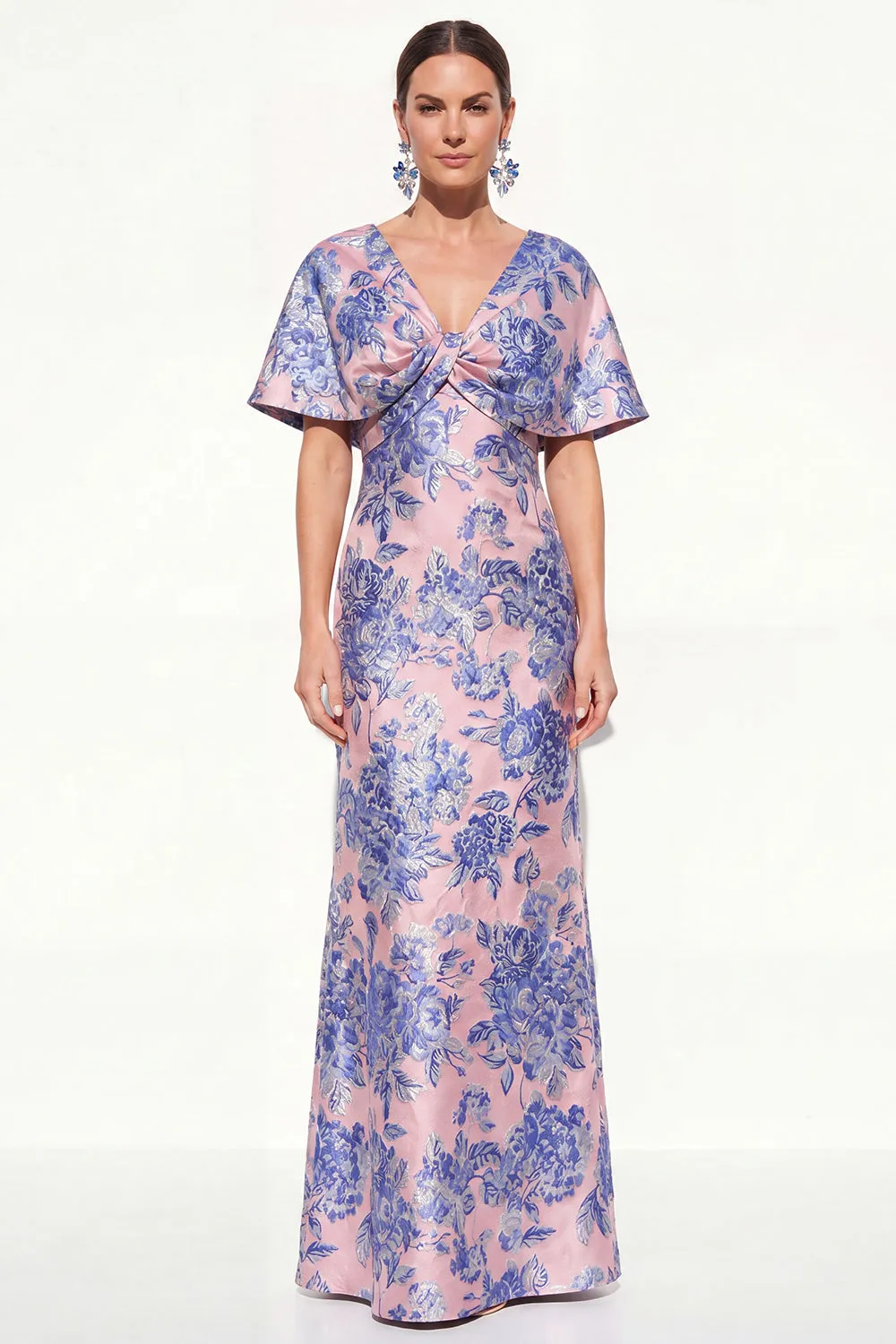 Pink Blue Mermaid V-Neck Jacquard Floral Long Mother Of the Bride Dress sold by Zapaka