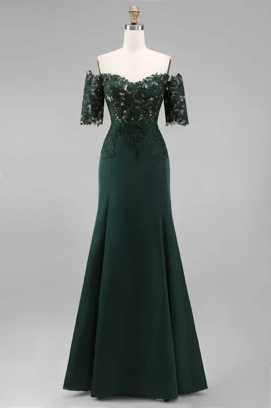 Off the Shoulder Dark Green Mermaid Floral Long Mother Of the Bride Dress with Beading made by Zapaka
