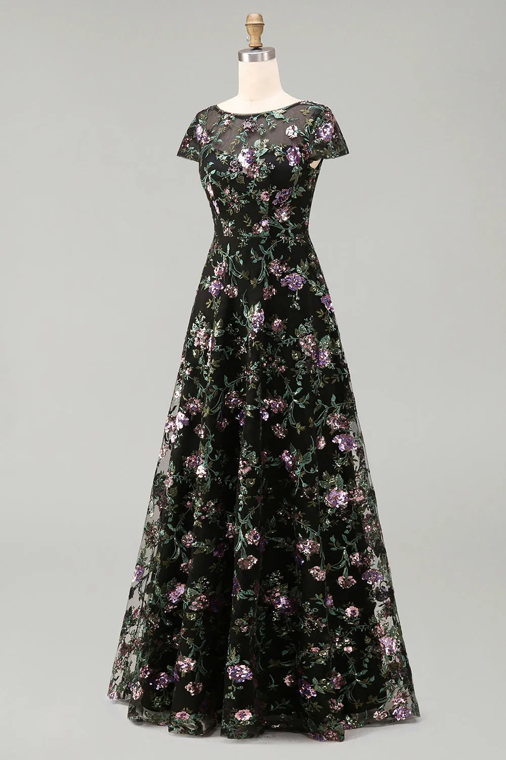 Black A-Line Floral Round Neck Long Mother Of the Bride Dress with Sequins sold by Zapaka product image thumbnail 3