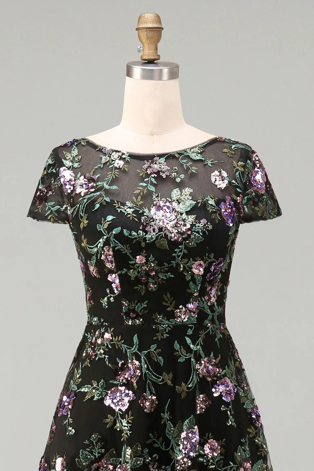 Black A-Line Floral Round Neck Long Mother Of the Bride Dress with Sequins sold by Zapaka product image thumbnail 4