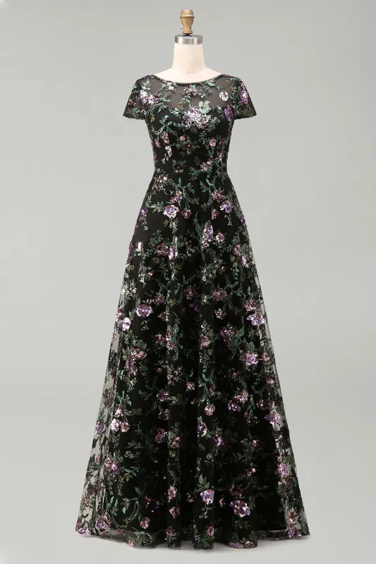 Black A-Line Floral Round Neck Long Mother Of the Bride Dress with Sequins made by Zapaka