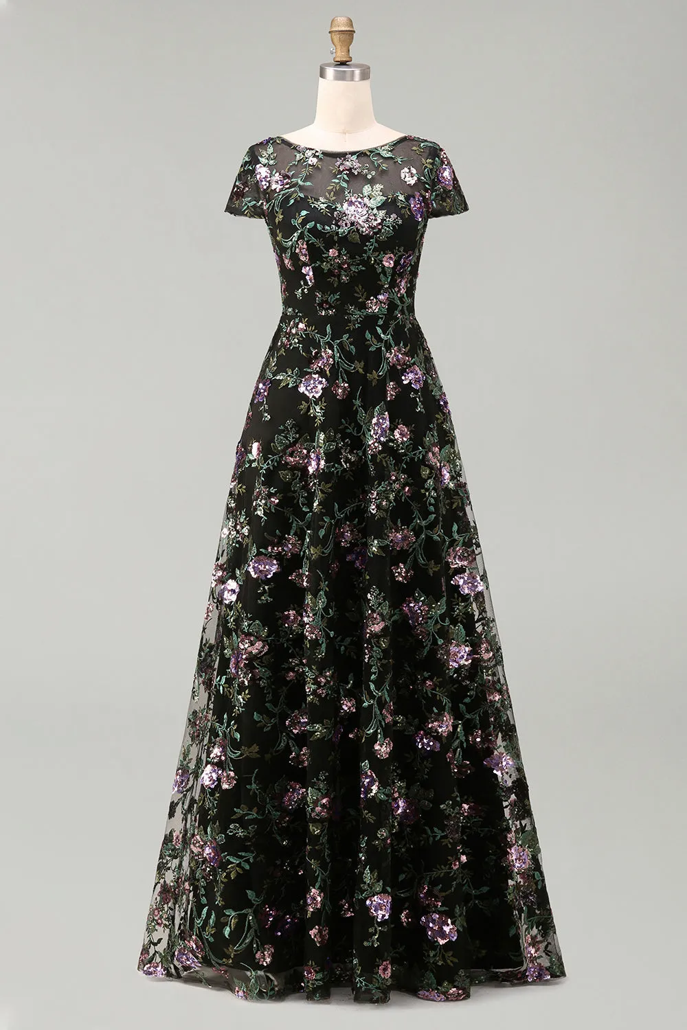 Black A-Line Floral Round Neck Long Mother Of the Bride Dress with Sequins sold by Zapaka