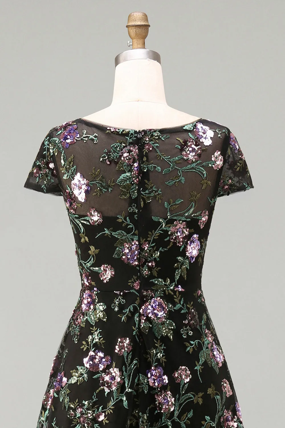 Black A-Line Floral Round Neck Long Mother Of the Bride Dress with Sequins sold by Zapaka product image thumbnail 5