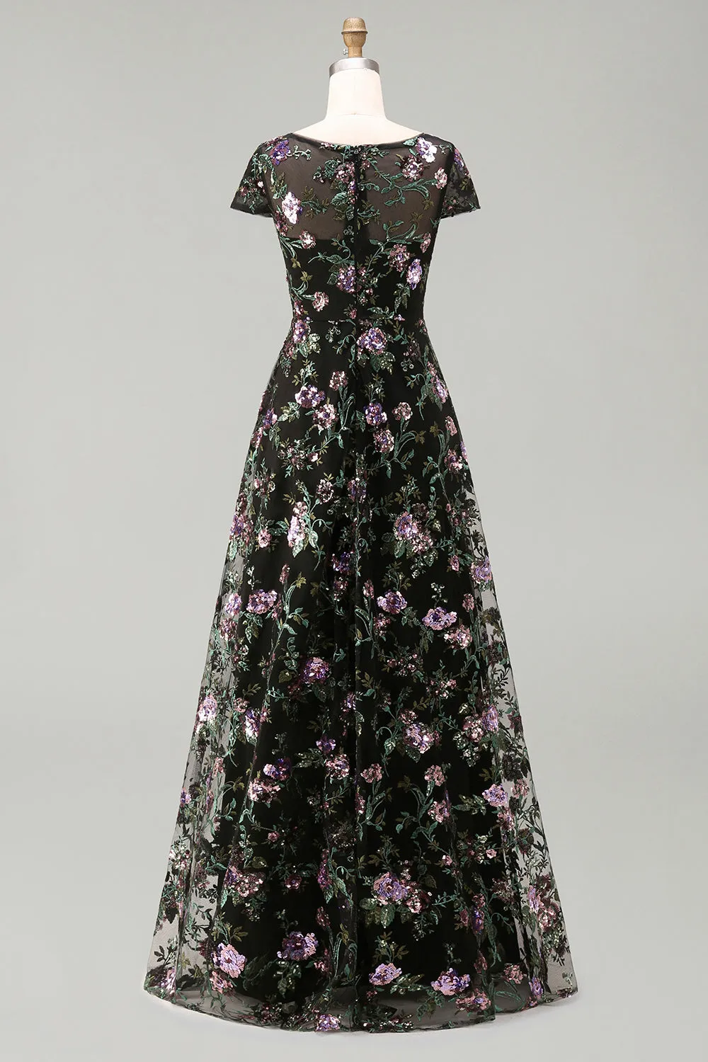 Black A-Line Floral Round Neck Long Mother Of the Bride Dress with Sequins sold by Zapaka product image thumbnail 2