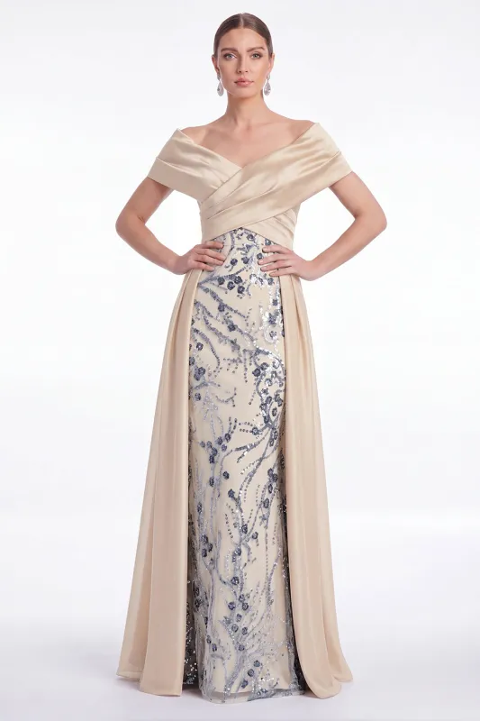 Champagne A-Line Floral Sequins Long Mother Of the Bride Dress with Sash made by Zapaka
