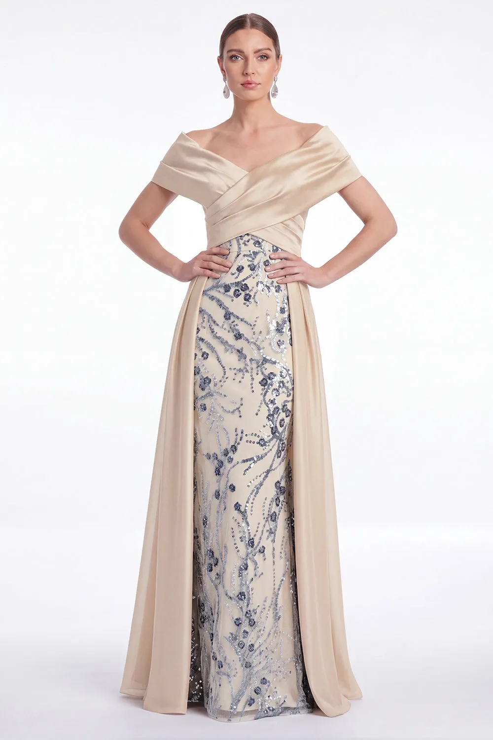 Champagne A-Line Floral Sequins Long Mother Of the Bride Dress with Sash sold by Zapaka
