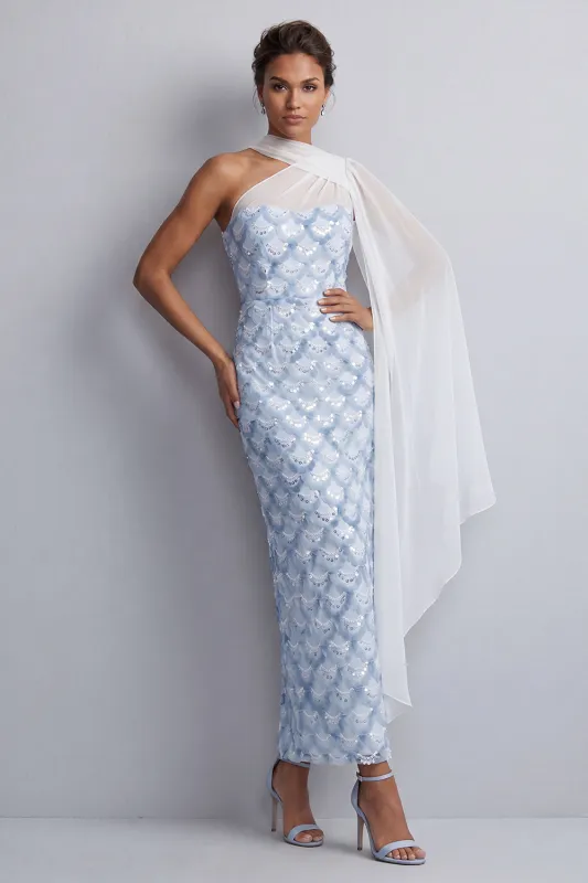 One Shoulder Light Blue Mermaid Sequins Midi Mother Of the Bride Dress with Side Cape made by Zapaka