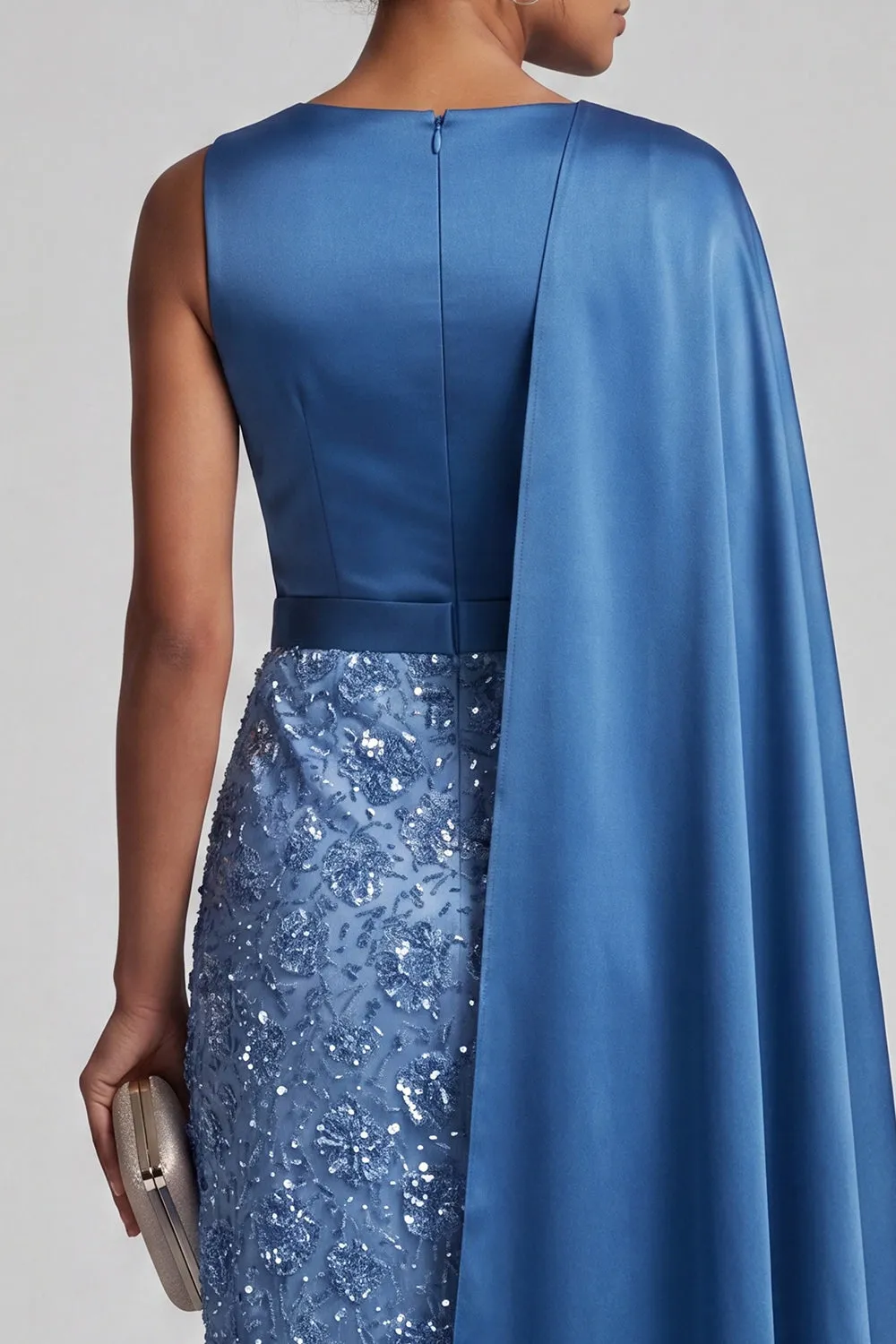 Blue Round Neck Mermaid Sequins Midi Mother Of the Bride Dress with Side Cape sold by Zapaka product image thumbnail 4