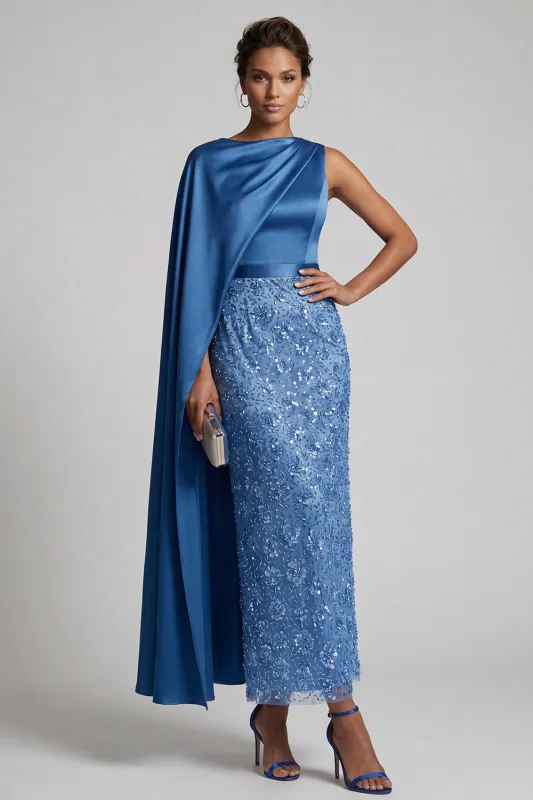 Blue Round Neck Mermaid Sequins Midi Mother Of the Bride Dress with Side Cape made by Zapaka