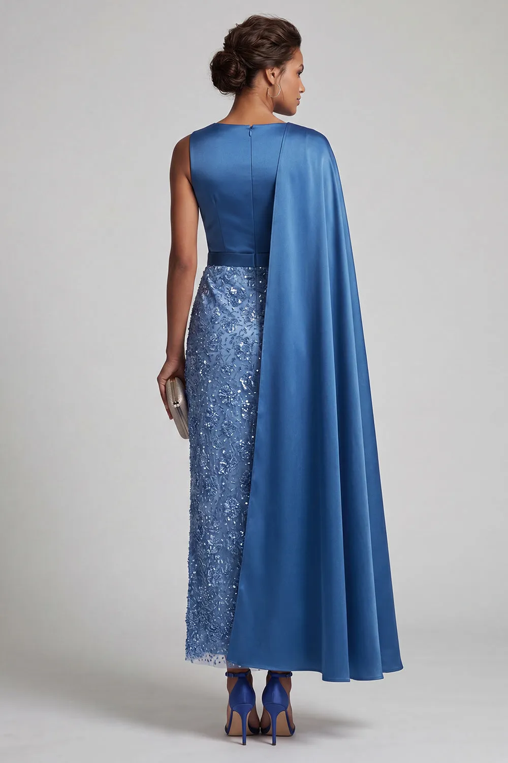 Blue Round Neck Mermaid Sequins Midi Mother Of the Bride Dress with Side Cape sold by Zapaka product image thumbnail 2