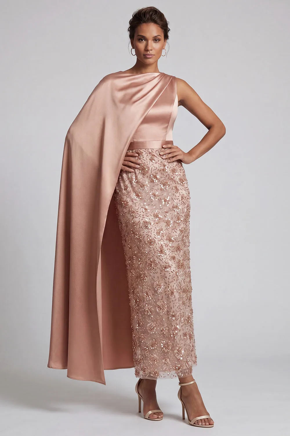 Blue Round Neck Mermaid Sequins Midi Mother Of the Bride Dress with Side Cape sold by Zapaka product image thumbnail 5