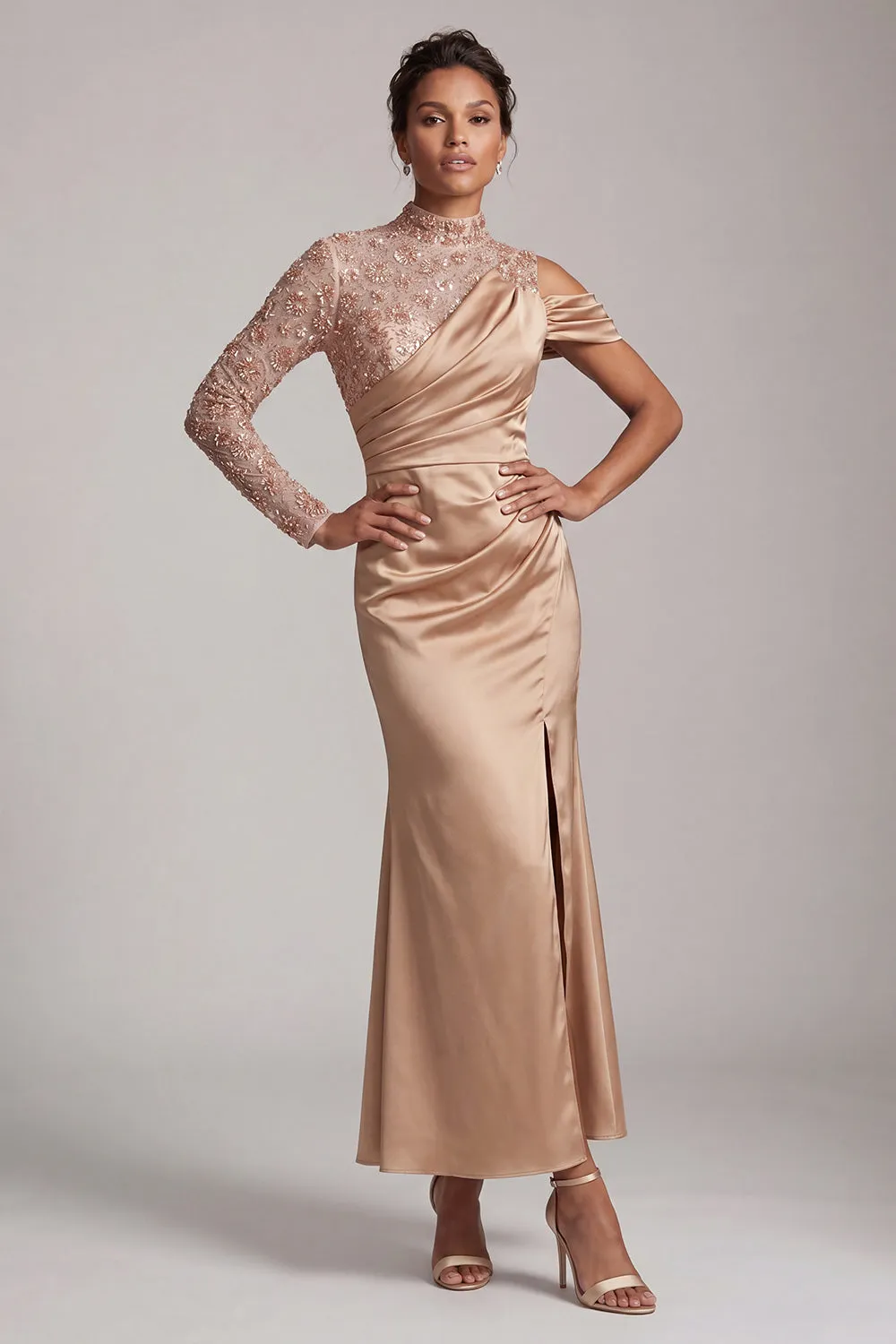 Blue Mermaid High Neck Ruched Midi Mother Of the Bride Dress with Slit sold by Zapaka product image thumbnail 5