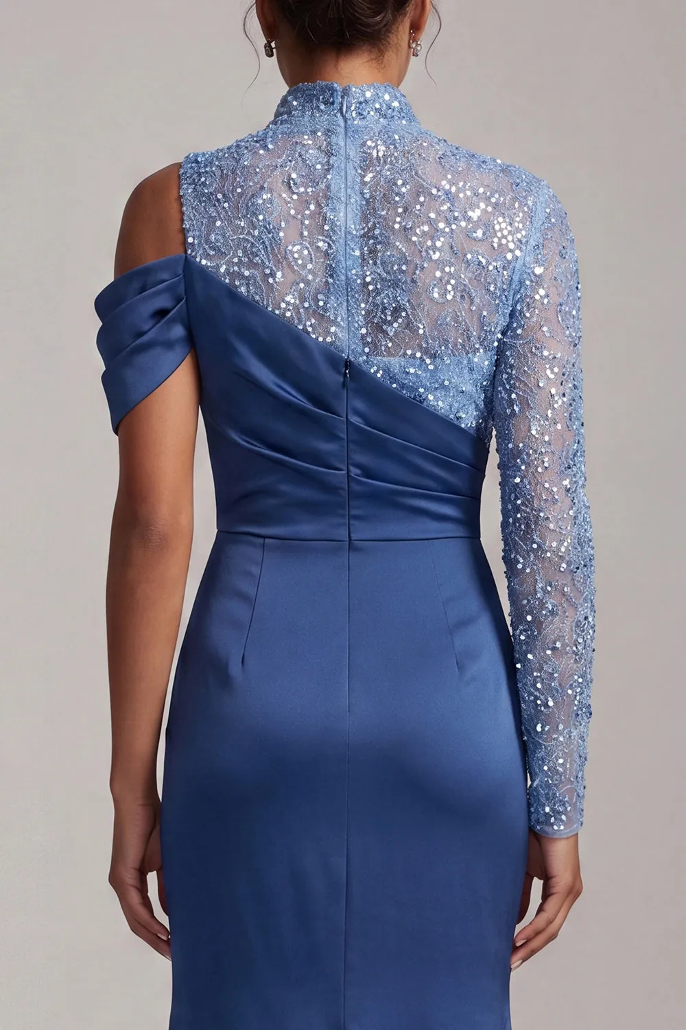 Blue Mermaid High Neck Ruched Midi Mother Of the Bride Dress with Slit sold by Zapaka product image thumbnail 4