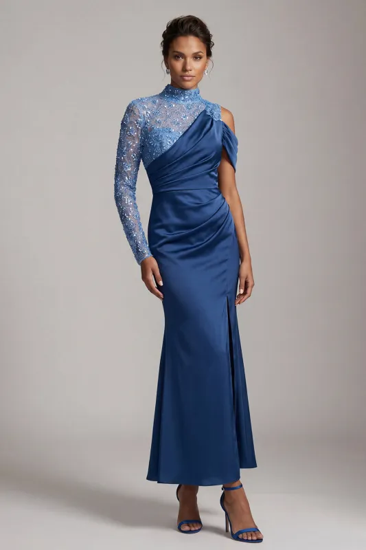 Blue Mermaid High Neck Ruched Midi Mother Of the Bride Dress with Slit made by Zapaka
