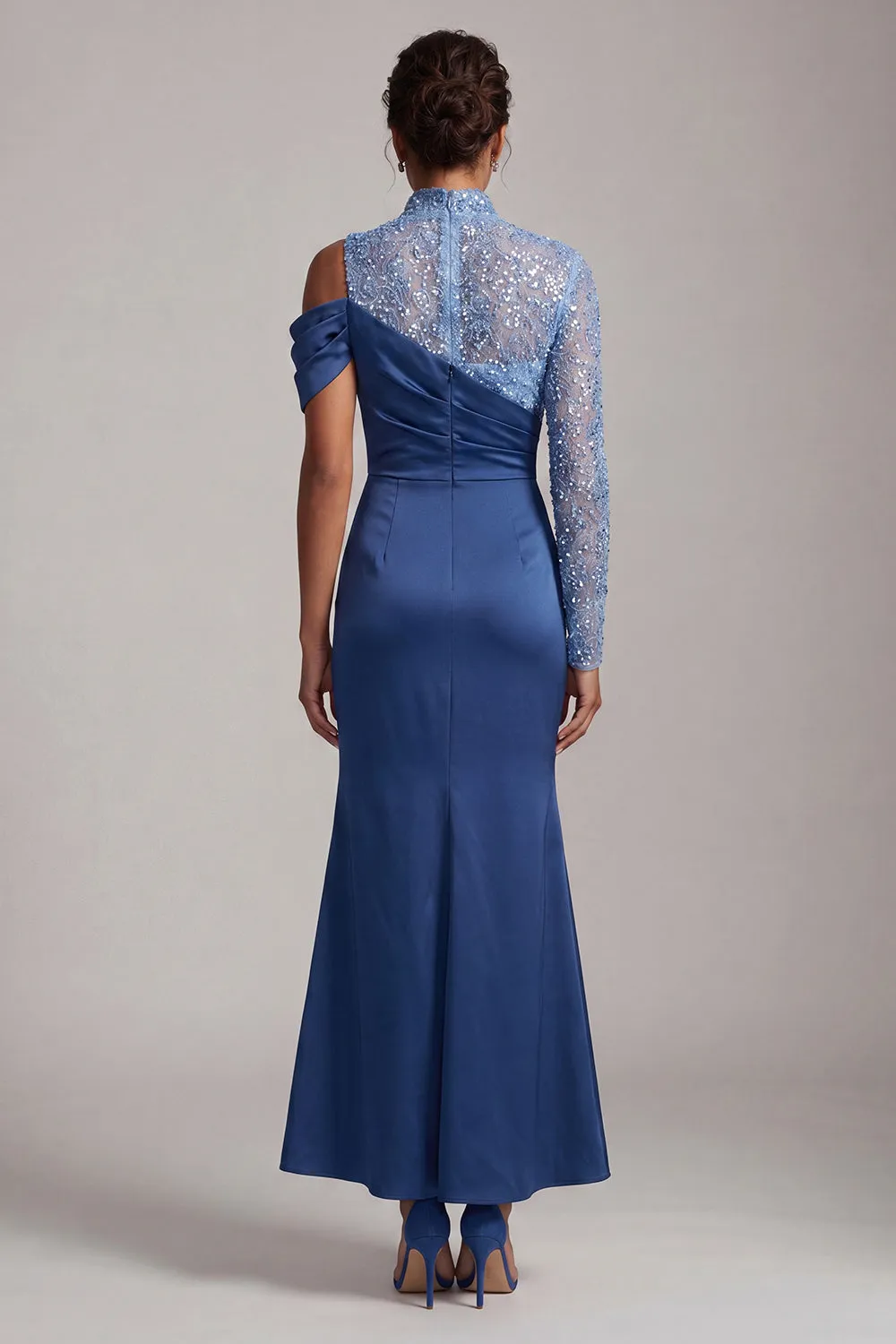 Blue Mermaid High Neck Ruched Midi Mother Of the Bride Dress with Slit sold by Zapaka product image thumbnail 2