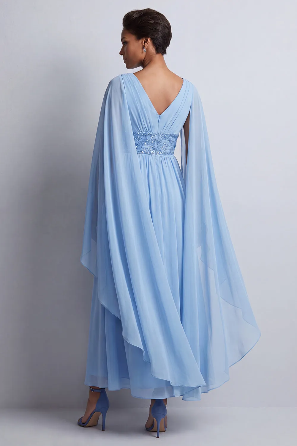 Sky Blue A-Line Chiffon V-Neck Midi Mother Of the Bride Dress with Cape Sleeves sold by Zapaka product image thumbnail 2