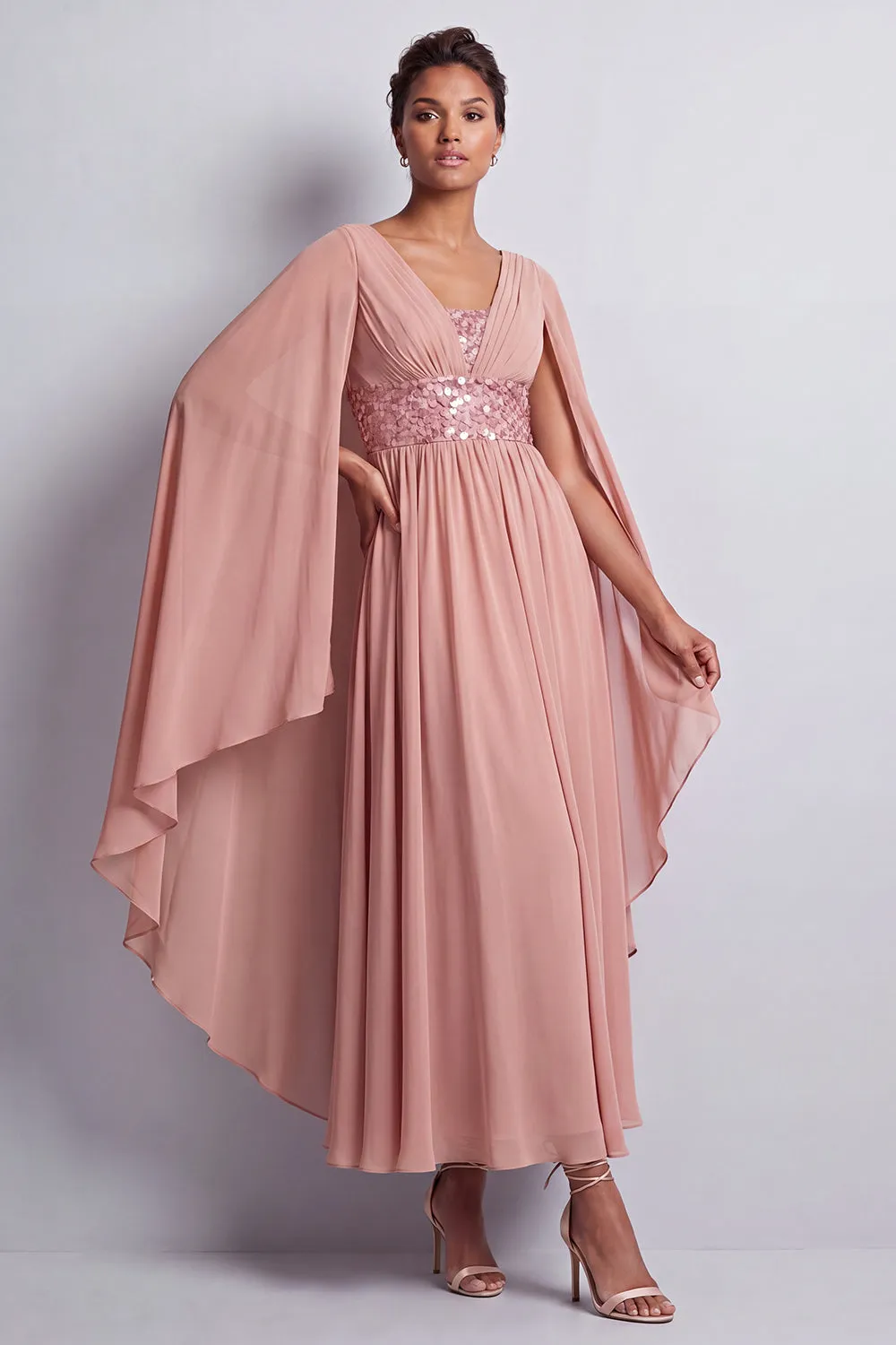 Sky Blue A-Line Chiffon V-Neck Midi Mother Of the Bride Dress with Cape Sleeves sold by Zapaka product image thumbnail 5