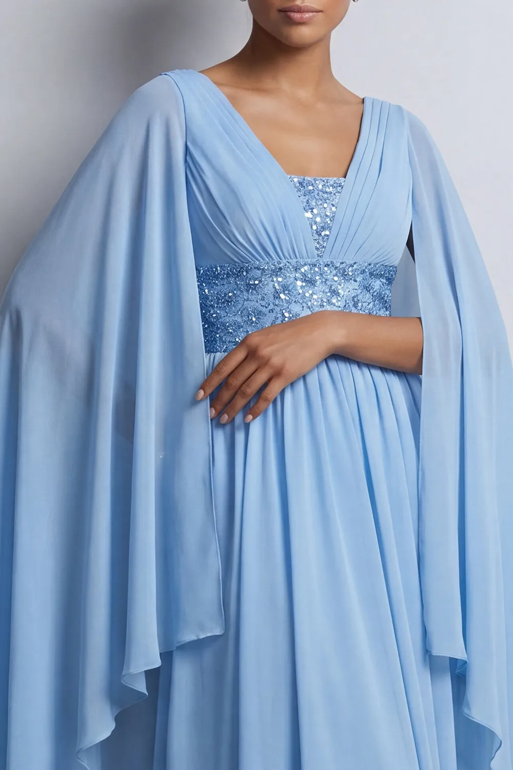 Sky Blue A-Line Chiffon V-Neck Midi Mother Of the Bride Dress with Cape Sleeves sold by Zapaka product image thumbnail 3
