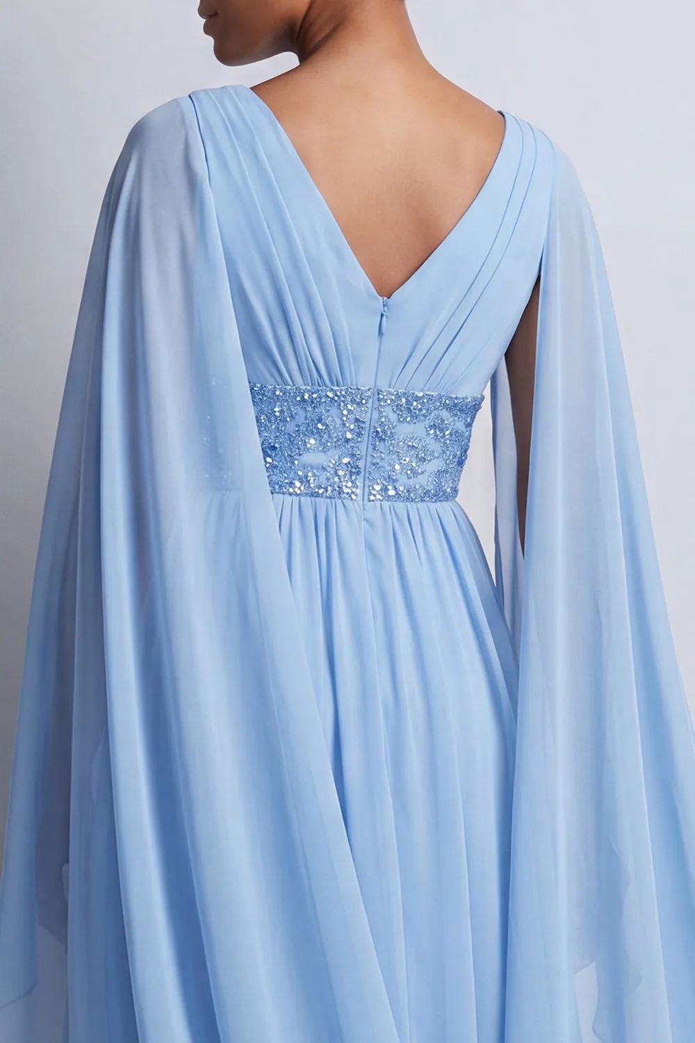 Sky Blue A-Line Chiffon V-Neck Midi Mother Of the Bride Dress with Cape Sleeves sold by Zapaka product image thumbnail 4