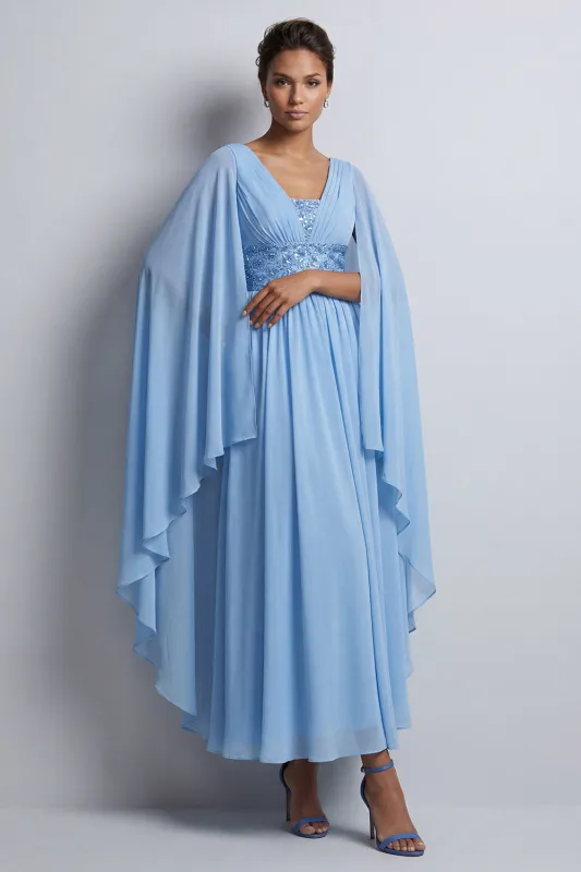 Sky Blue A-Line Chiffon V-Neck Midi Mother Of the Bride Dress with Cape Sleeves made by Zapaka