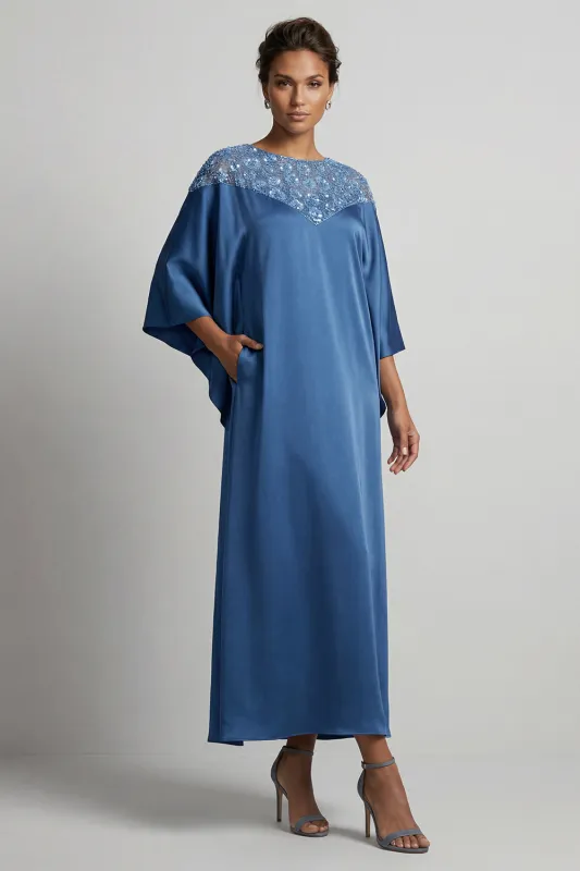 Blue Sheath Round Neck Midi Mother Of the Bride Dress with Sequins made by Zapaka