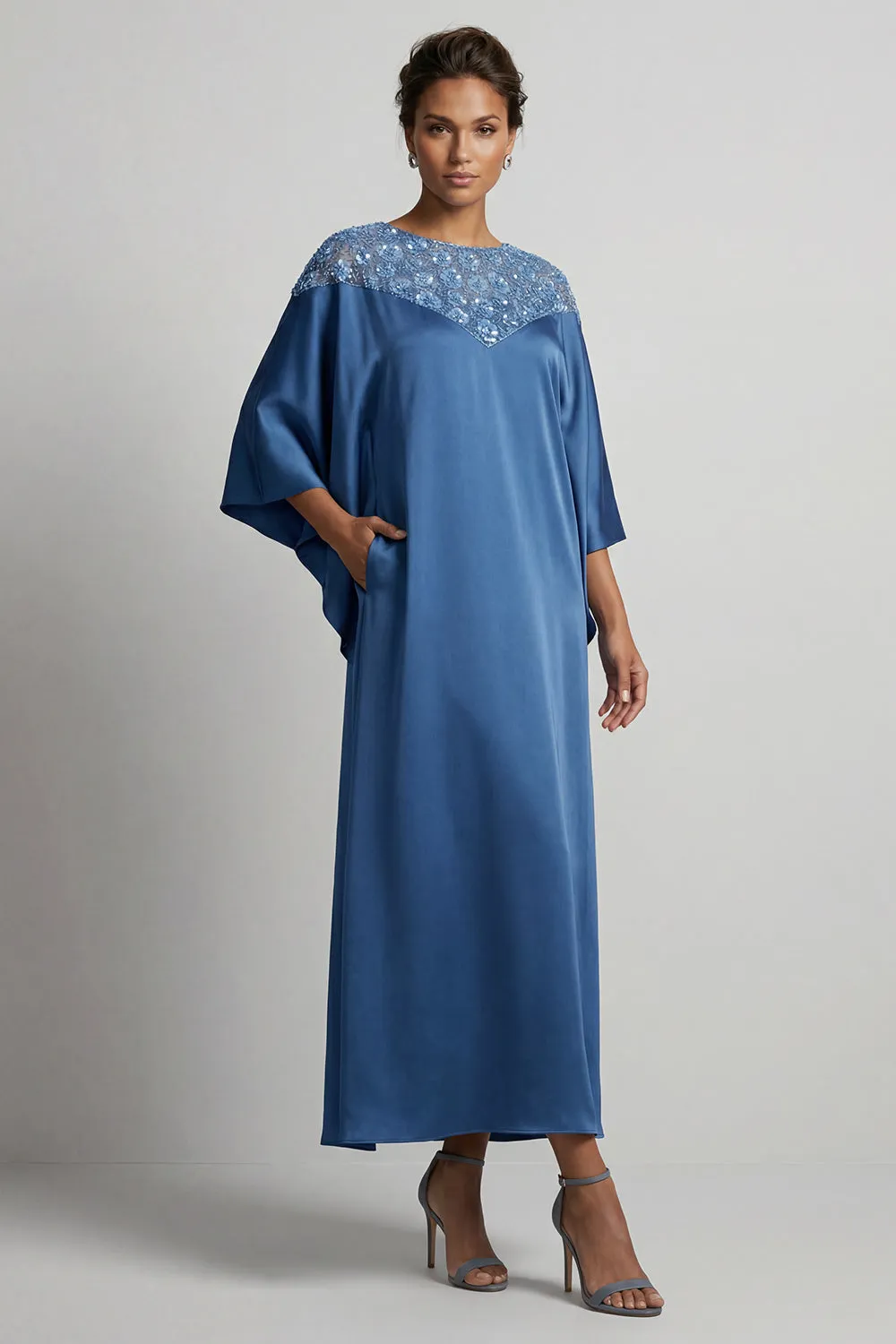 Blue Sheath Round Neck Midi Mother Of the Bride Dress with Sequins sold by Zapaka