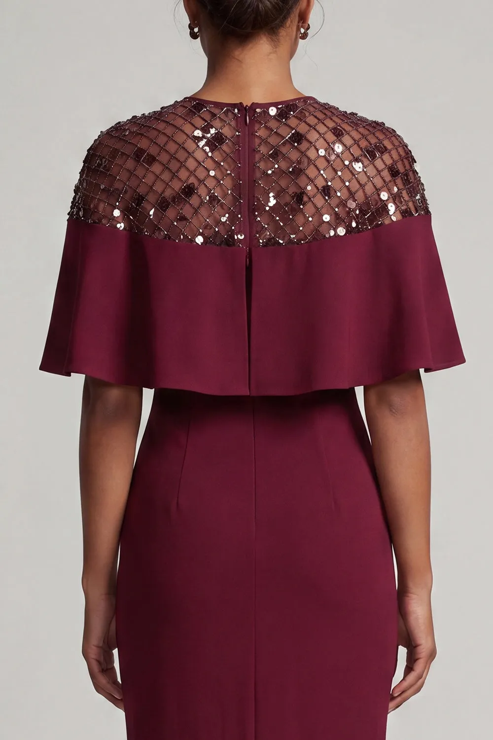 Burgundy Mermaid Round Neck Midi Mother Of the Bride Dress with Cape sold by Zapaka product image thumbnail 4