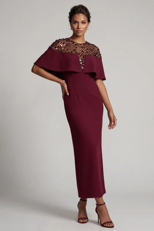 Burgundy Mermaid Round Neck Midi Mother Of the Bride Dress with Cape made by Zapaka