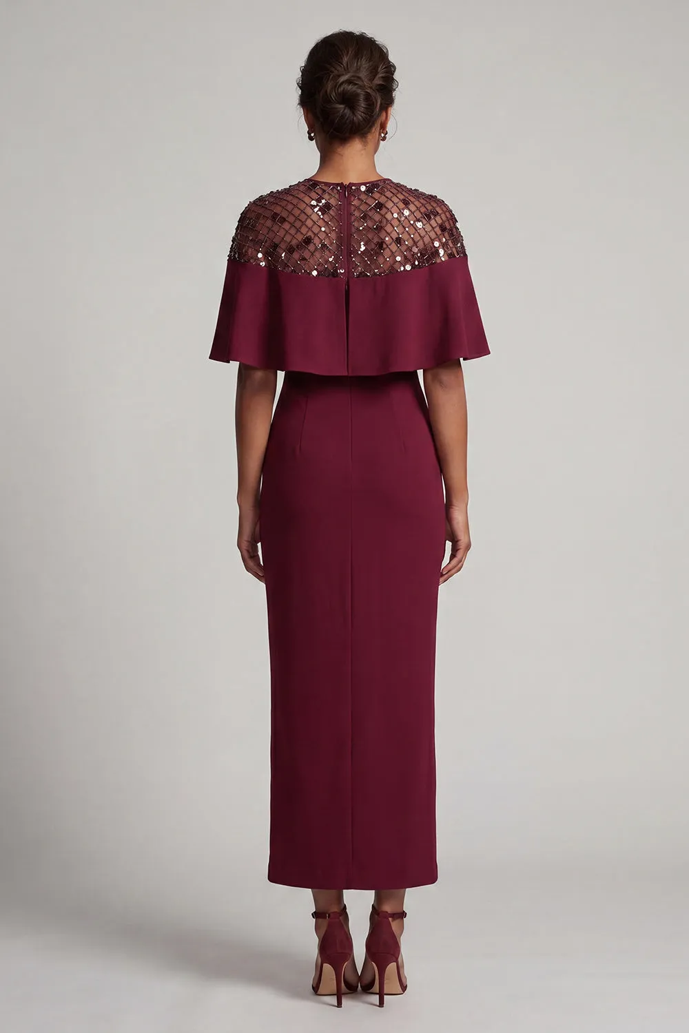 Burgundy Mermaid Round Neck Midi Mother Of the Bride Dress with Cape sold by Zapaka product image thumbnail 2