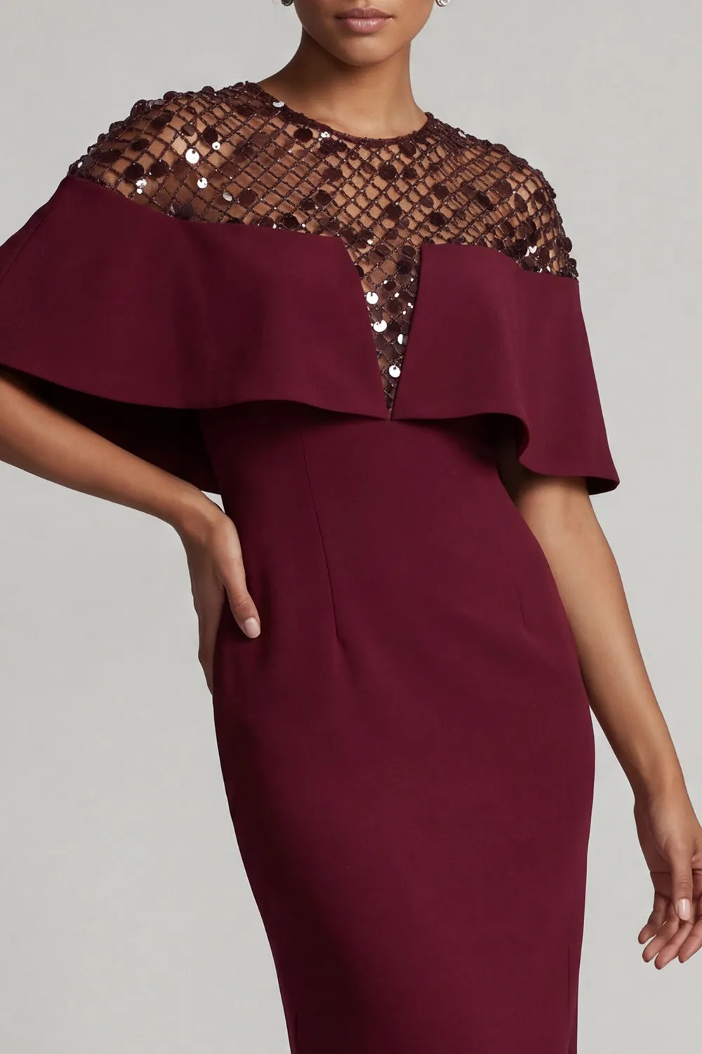 Burgundy Mermaid Round Neck Midi Mother Of the Bride Dress with Cape sold by Zapaka product image thumbnail 3
