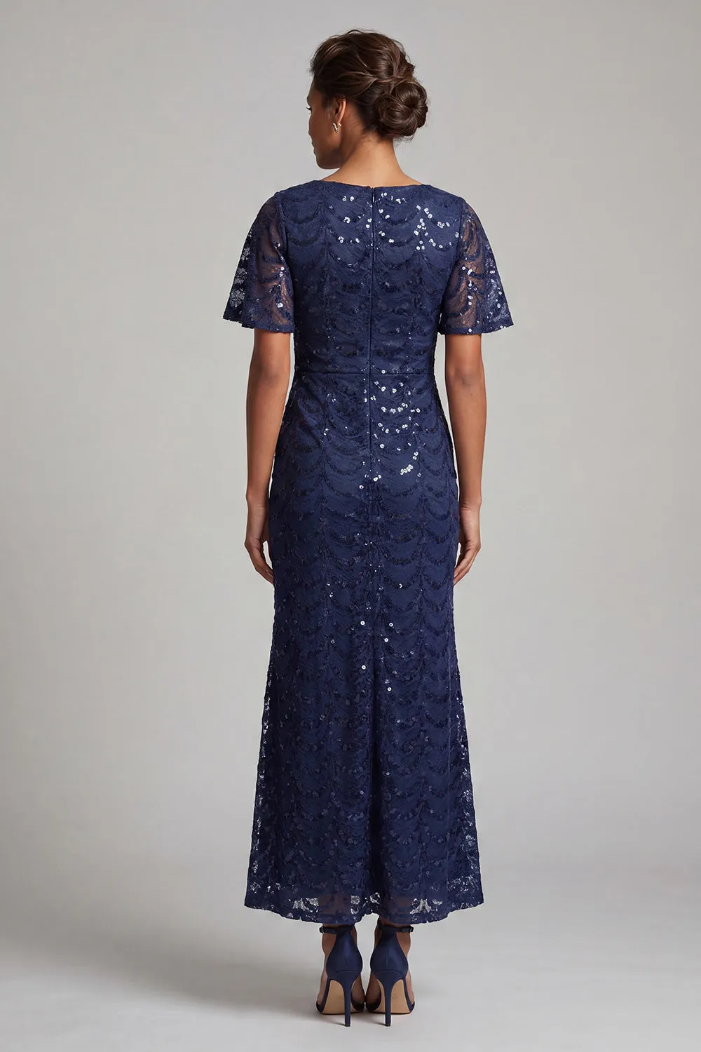 Sparkly Navy Mermaid Flutter Sleeves Sequins Midi Mother Of the Bride Dress with Slit sold by Zapaka product image thumbnail 2