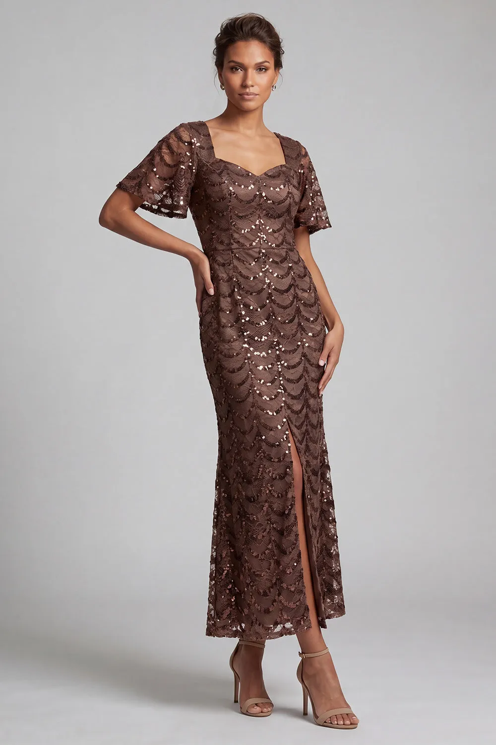 Sparkly Navy Mermaid Flutter Sleeves Sequins Midi Mother Of the Bride Dress with Slit sold by Zapaka product image thumbnail 5